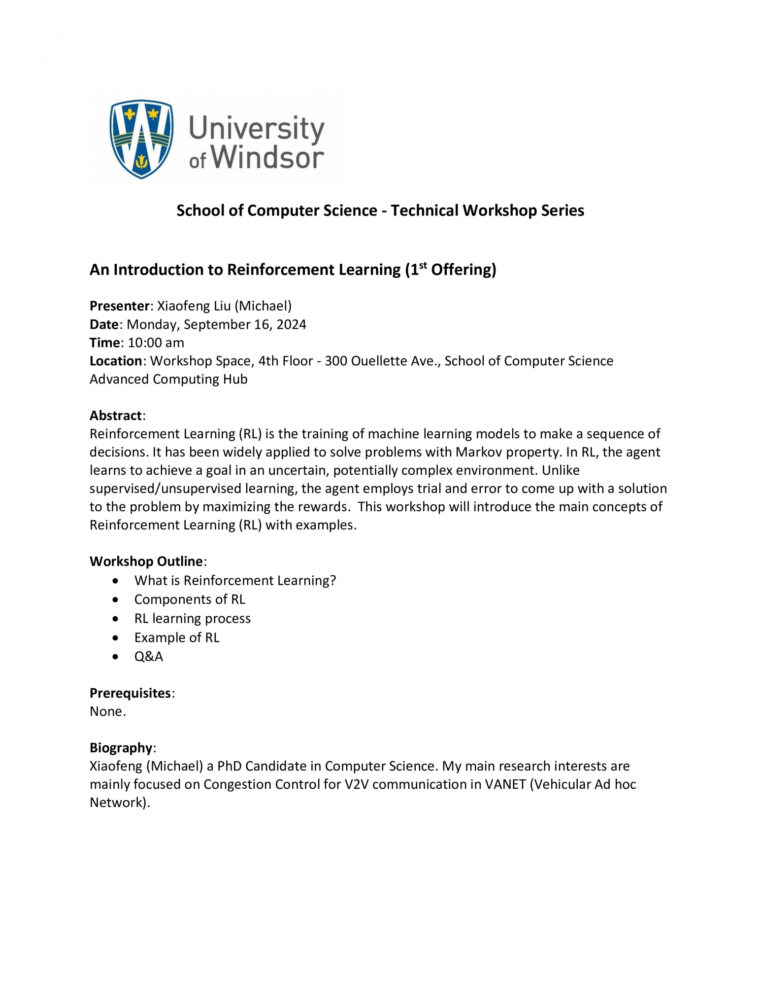 Technical Workshop - Introduction to Reinforcement Learning (1st Offering) by Xiaofeng Liu (Michael)