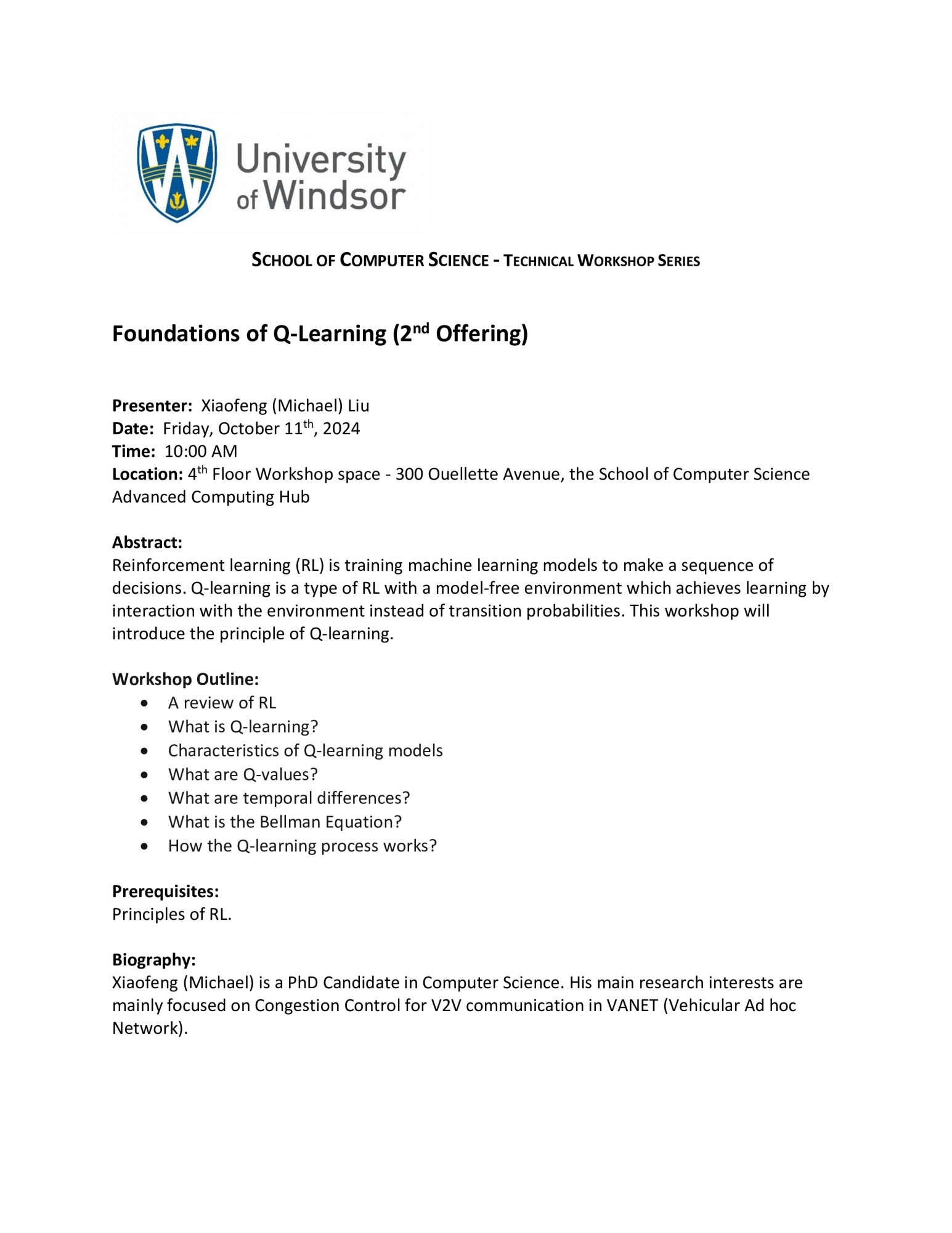 Technical Workshop - Foundations of Q-Learning (2nd Offering) by Xiaofeng (Michael) Liu