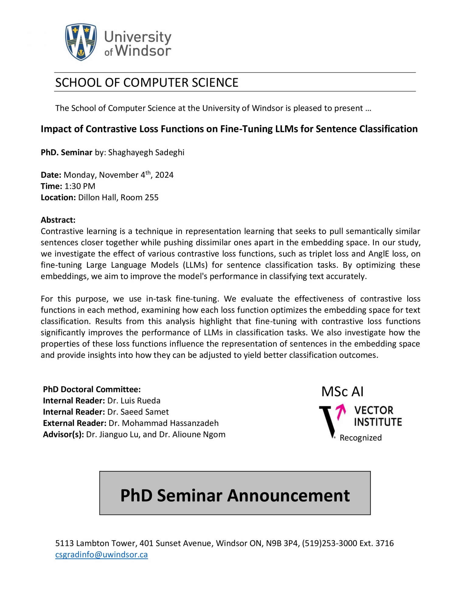 Impact of Contrastive Loss Functions on Fine-Tuning LLMs for Sentence Classification - PhD. Seminar by: Shaghayegh Sadeghi