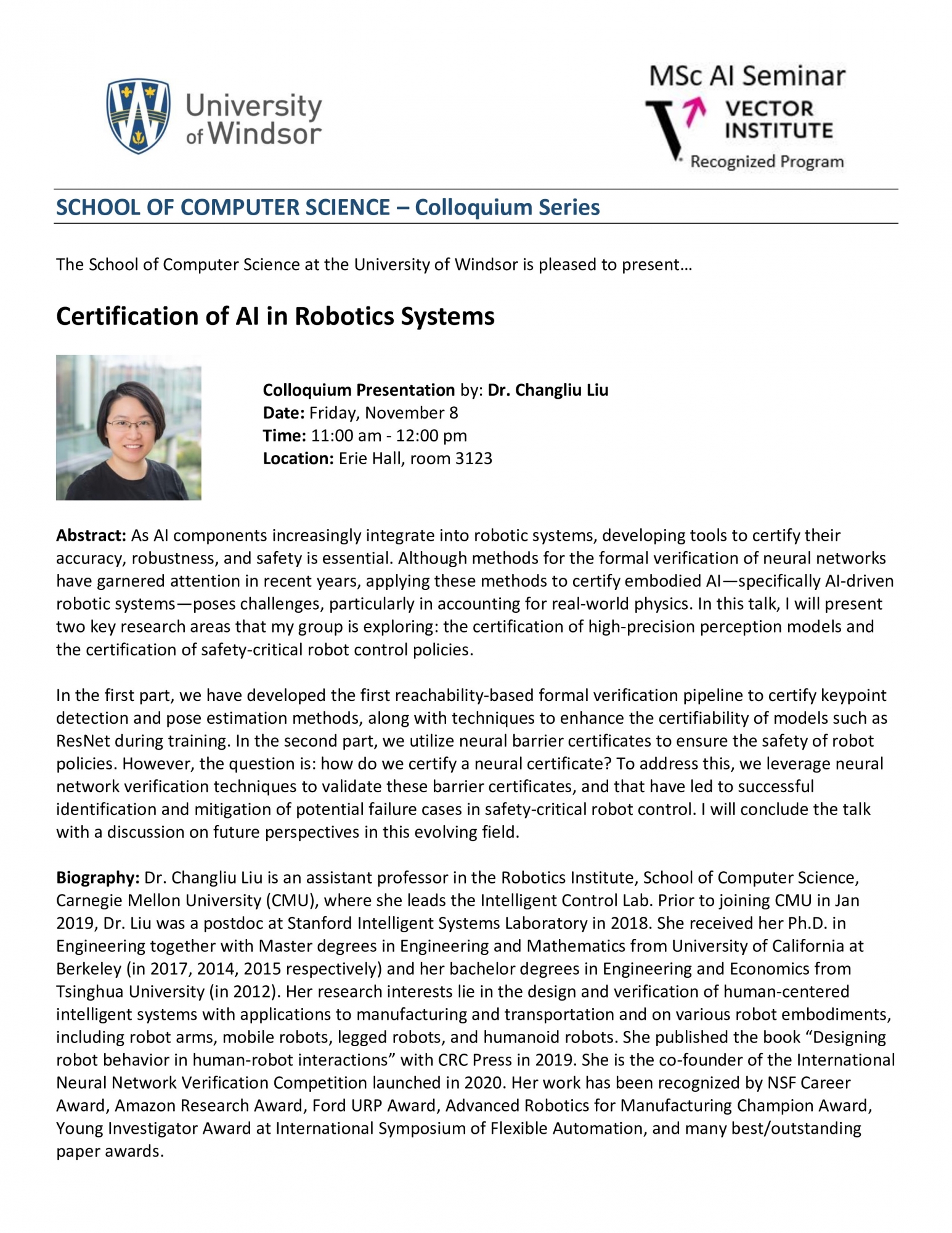 Certification of AI in Robotics Systems - Colloquium Presentation by: Dr. Changliu Liu 