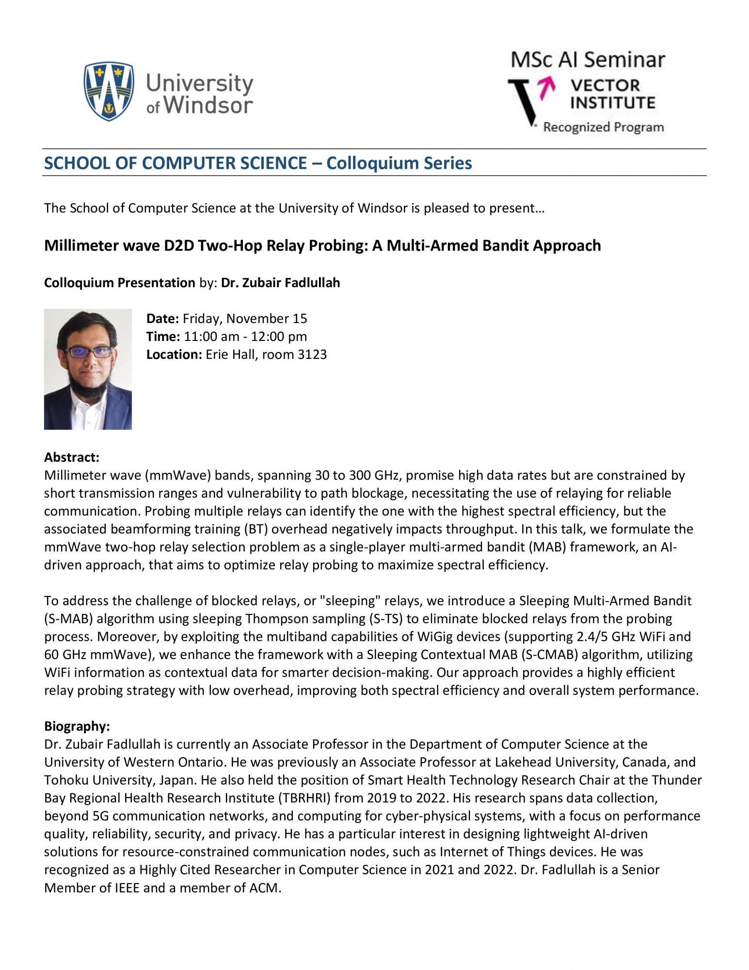 Colloquium Presentation by: Dr. Zubair Fadlullah - 15 Nov 2024