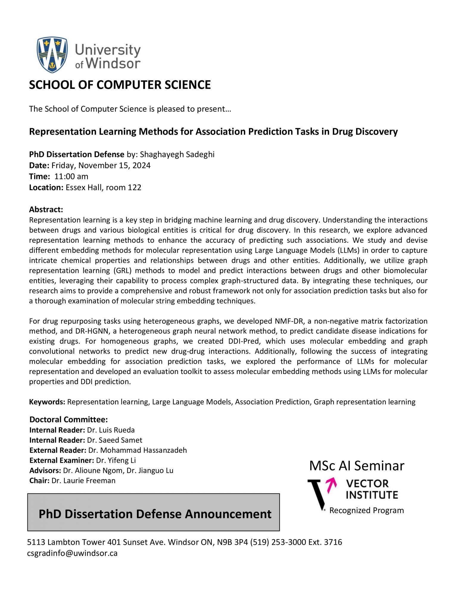 Representation Learning Methods for Association Prediction Tasks in Drug Discovery - PhD Dissertation Defense by: Shaghayegh Sadeghi