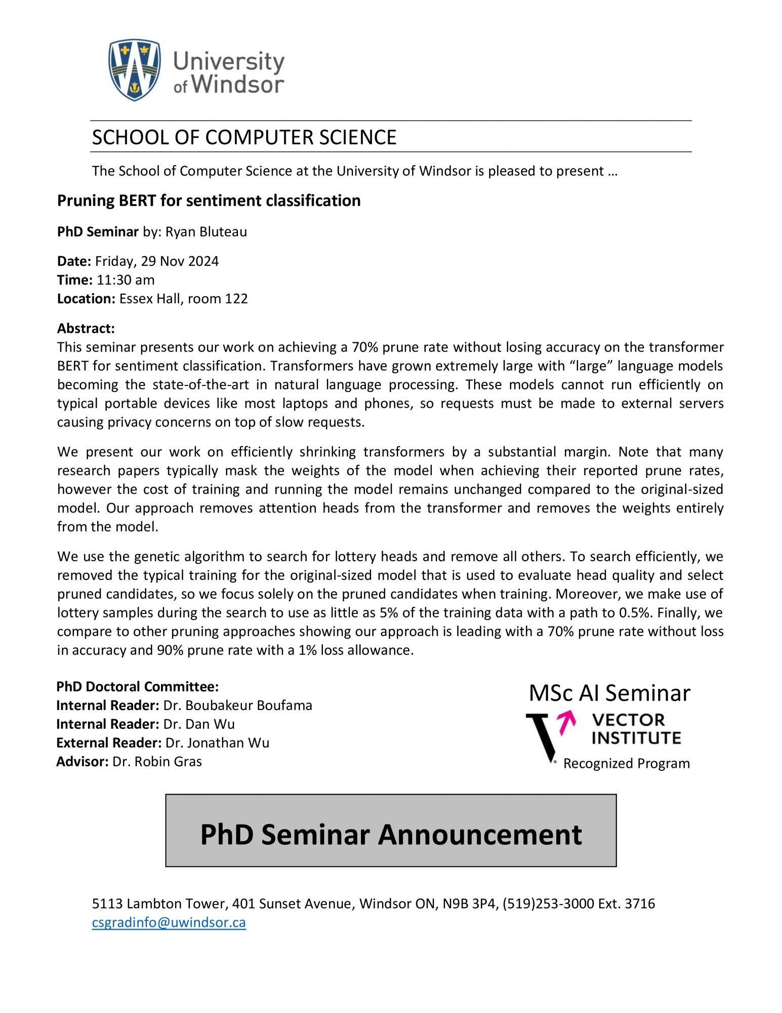 Pruning BERT for sentiment classification - PhD Seminar by: Ryan Bluteau