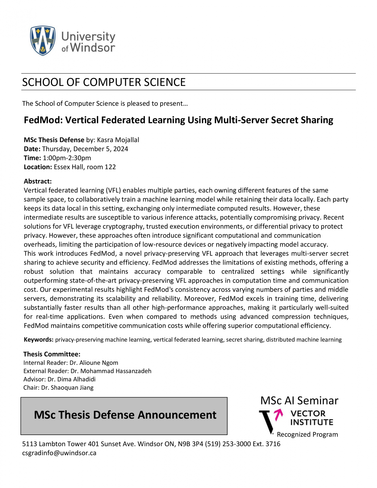 FedMod: Vertical Federated Learning Using Multi-Server Secret Sharing - MSc Thesis Defense by: Kasra Mojallal