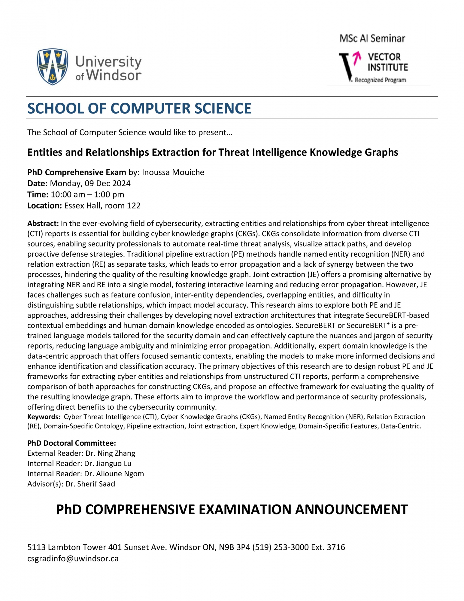 Entities and Relationships Extraction for Threat Intelligence Knowledge Graphs - PhD Comprehensive Exam by: Inoussa Mouiche