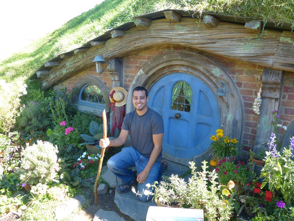 Emmanual in New Zealand at Hobbit house