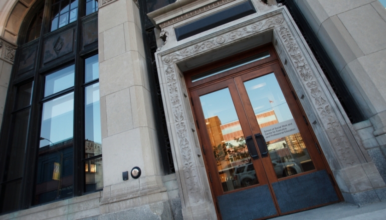 A photo of the renovated former Windsor Star Building, now home to the School of Social Work and the Centre for Professional and Executive Education