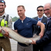 U.S. Fish & Wildlife Service fish biologist Ryan Schmidt, associate professor at the Great Lakes Institute for Environmental Research Dr. Trevor Pitcher, UWindsor VP Research and Innovation Dr. Michael Siu and LaSalle Mayor Ken Antaya display a lake sturgeon at the grand opening of the Freshwater Restoration Ecology Centre