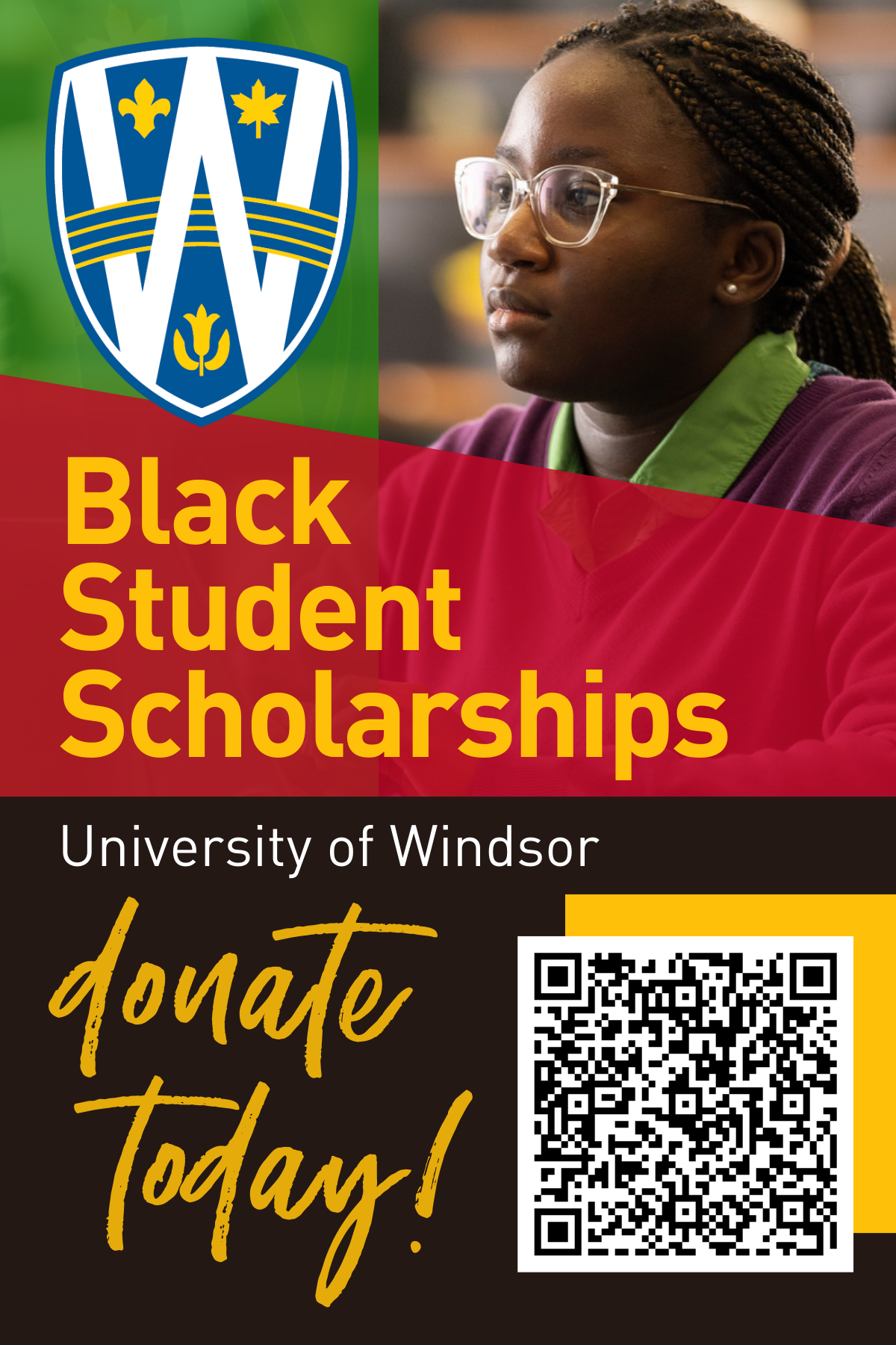 Image of young Black woman with text Black Student Scholarships University of Windsor doante today