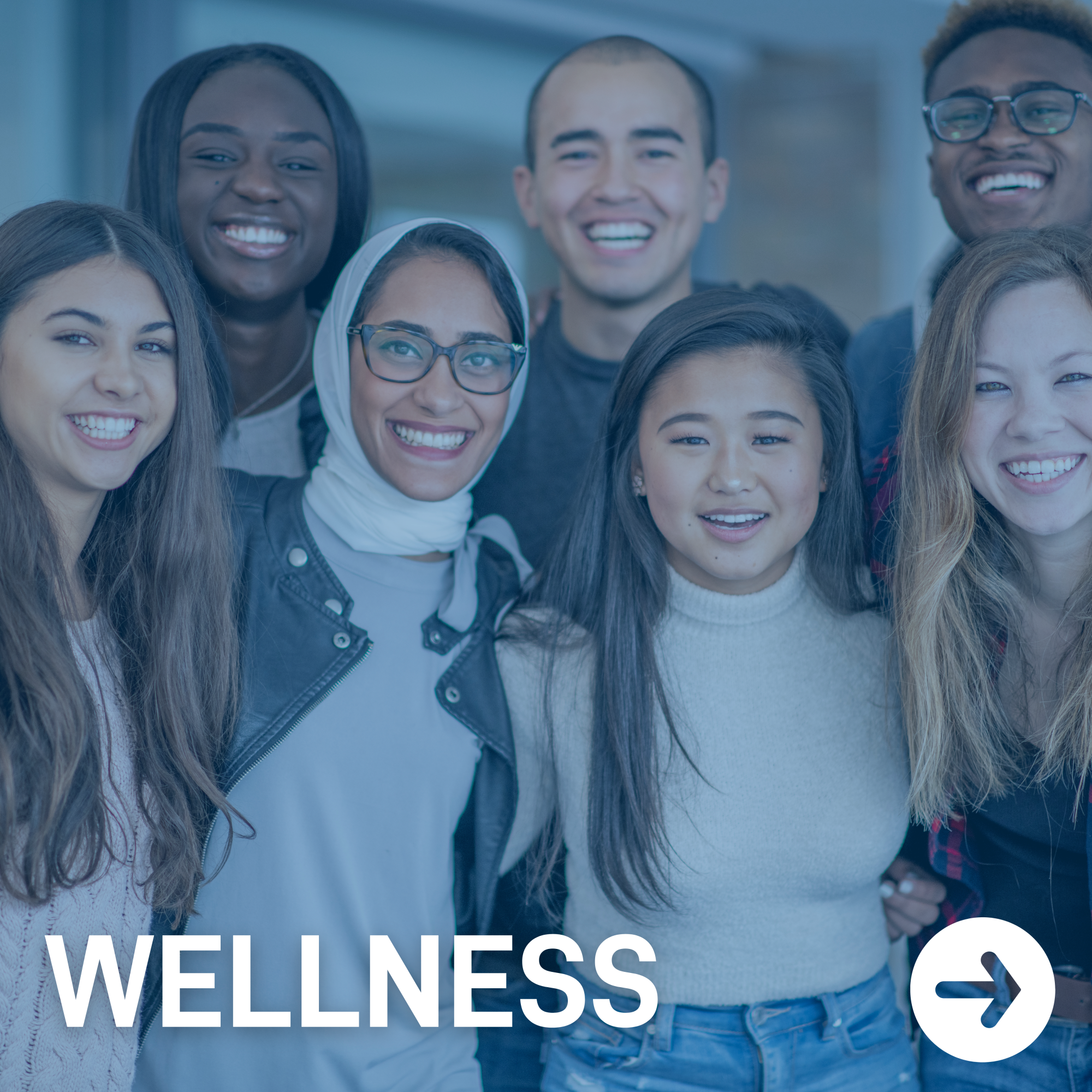 An image of diverse students smiling with the text "Wellness" written on top of the image.