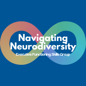 A blue background with the neurodiversity infinity symbol with text: Navigating Neurodiversity.