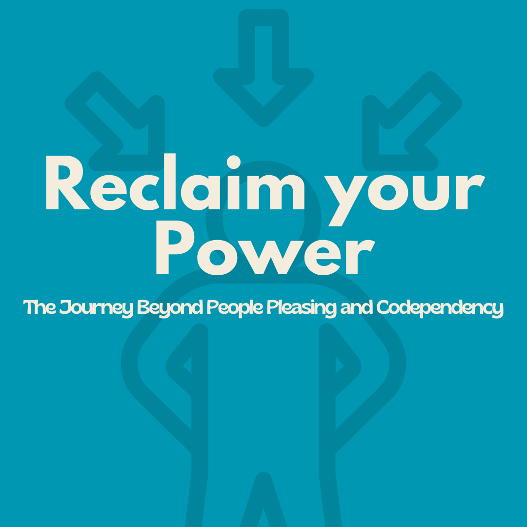 A blue background and a person with arrows with text: Reclaim your Power.